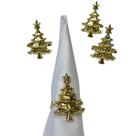 Lenox Holiday Christmas Tree Napkin Holders Set of 4 Gold Tone with Box - Picture 2 of 5